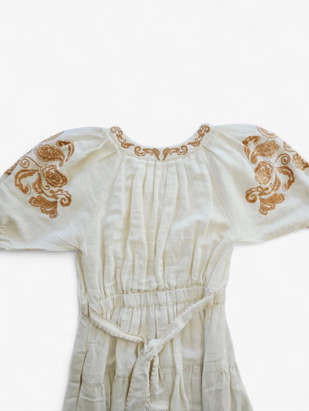 Cartolina Lizette Linen Blend Embroidered Belted Puff Sleeve Ivory Midi Dress M - Picture 8 of 16
